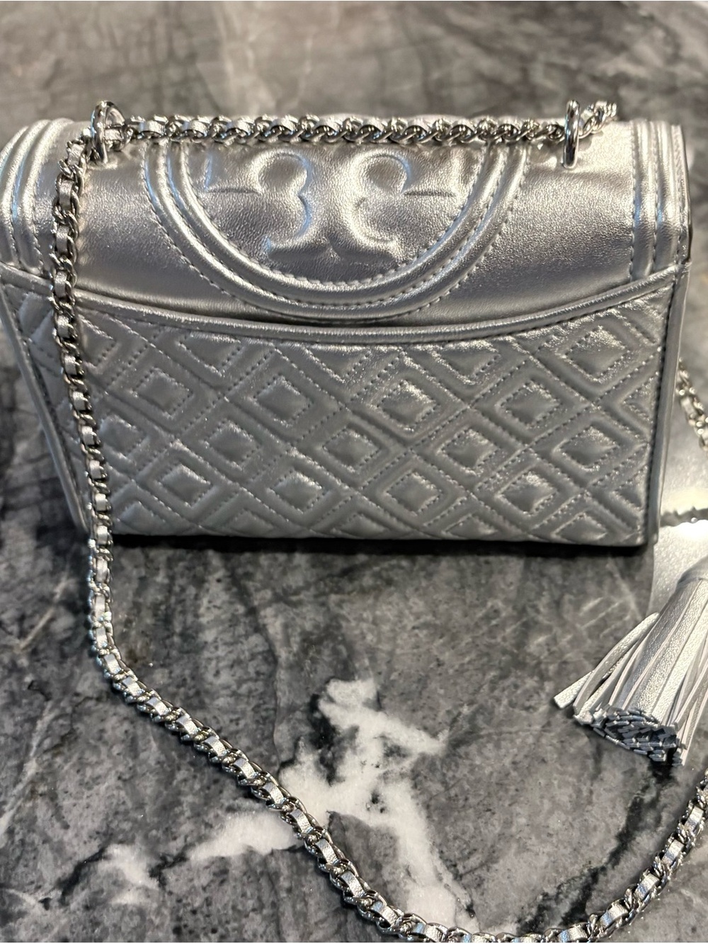 Tory Burch Silver Quilted Shoulder/Crossbody Leather bag with Chain Strap
